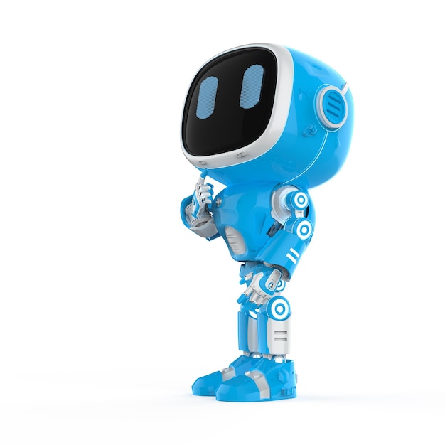 Mignon et petit robot assistant d'intelligence artificielle pense ou analyse