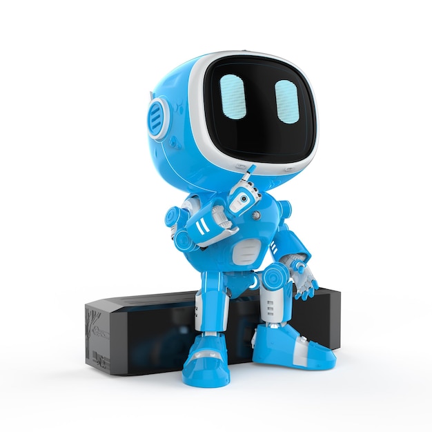 Mignon et petit robot assistant d'intelligence artificielle pense ou analyse