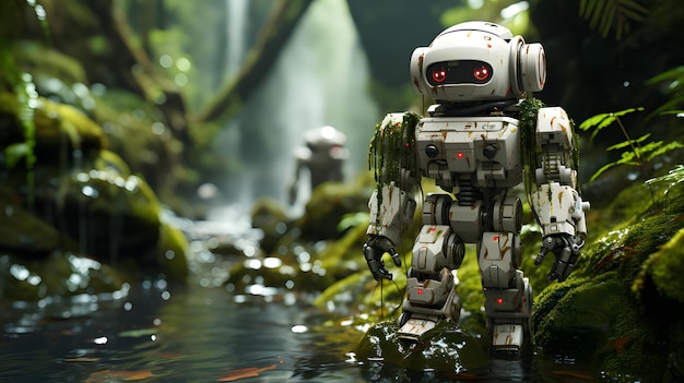 Photo un mignon petit robot dans la jungle à l'arrière-plan ia générative