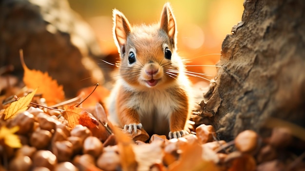 Mignon petit rongeur assis sur un arbre mangeant une noix