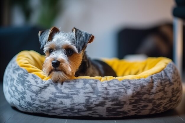 Un mignon petit terrier est allongé sur un lit d'animal à la maison.