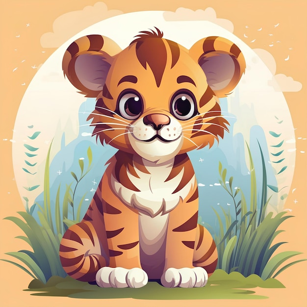 Un mignon petit tigre de dessin animé et la nature