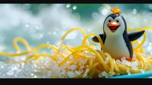 Photo un mignon pingouin est assis sur un tas de spaghettis le pingouin porte une couronne jaune et a une expression heureuse sur son visage