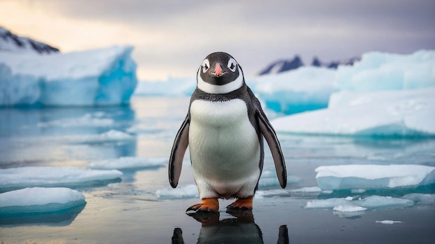 Un mignon pingouin se tient dans la glace de l'Antarctique