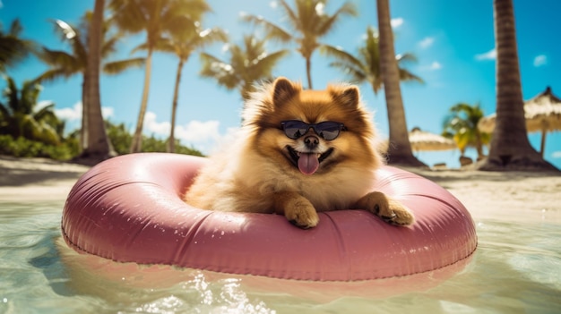 Un mignon Poméranien avec des lunettes de soleil sur un flotteur de piscine Concept de vacances d'été