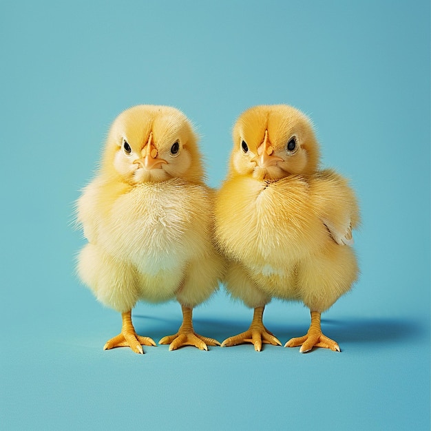 Un mignon poulet jaune moelleux sur un fond bleu