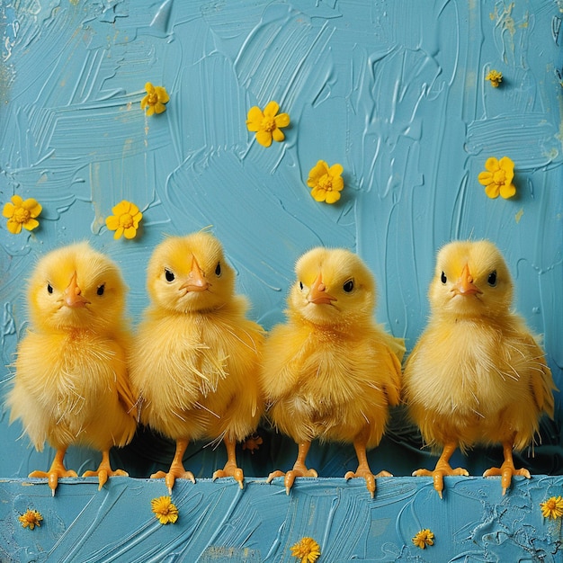 Un mignon poulet jaune moelleux sur un fond bleu.