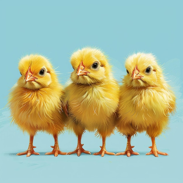 Un mignon poulet jaune moelleux sur un fond bleu