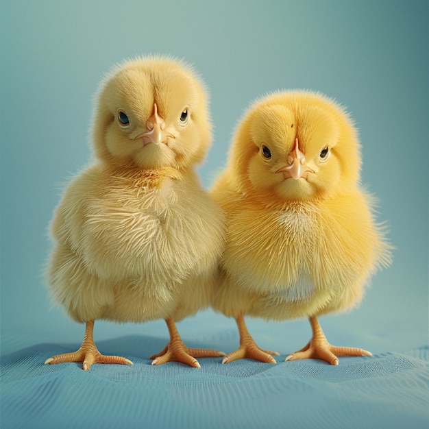 Un mignon poulet jaune moelleux sur un fond bleu.