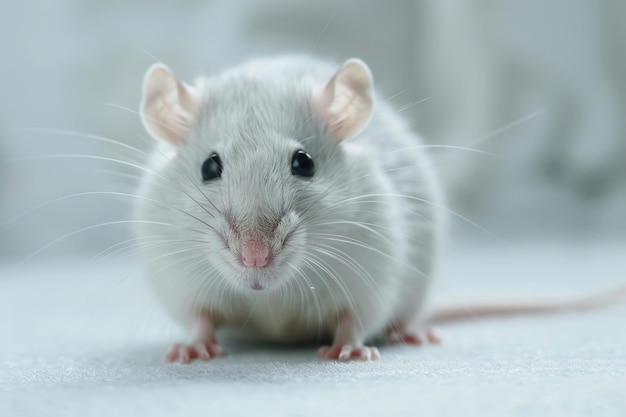 Un mignon rat blanc est assis gracieusement sur une table en bois.