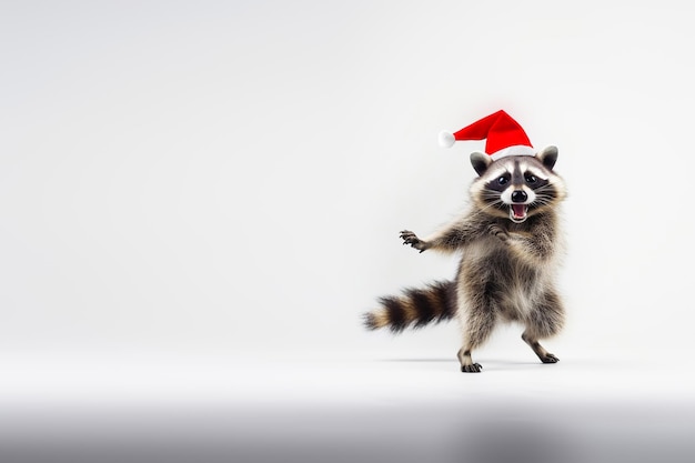 Un mignon raton laveur dans un chapeau de Père Noël danse sur un fond blanc Concept de joyeux Noël IA générative