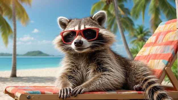 un mignon raton laveur de dessin animé sur la plage portant des lunettes de soleil