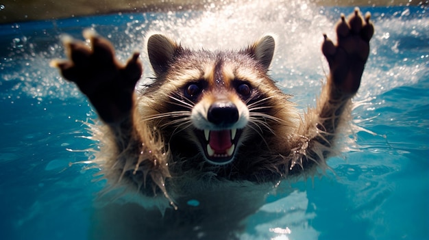 un mignon raton laveur nage dans l'eau