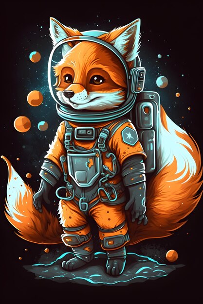 mignon, renard, astronaute, debout, dessin animé