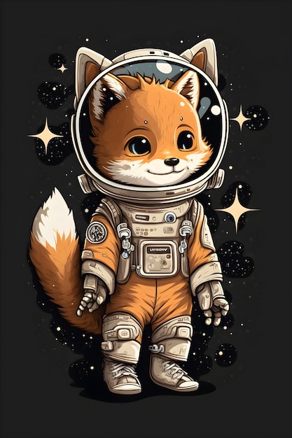 mignon, renard, astronaute, debout, dessin animé