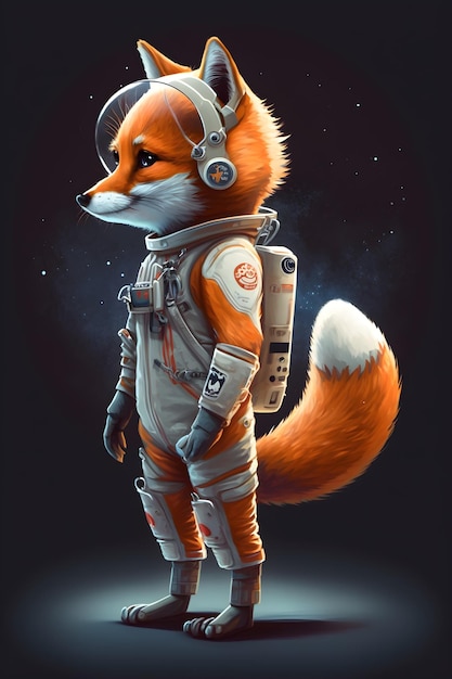 mignon, renard, astronaute, debout, dessin animé