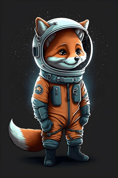 mignon, renard, astronaute, debout, dessin animé