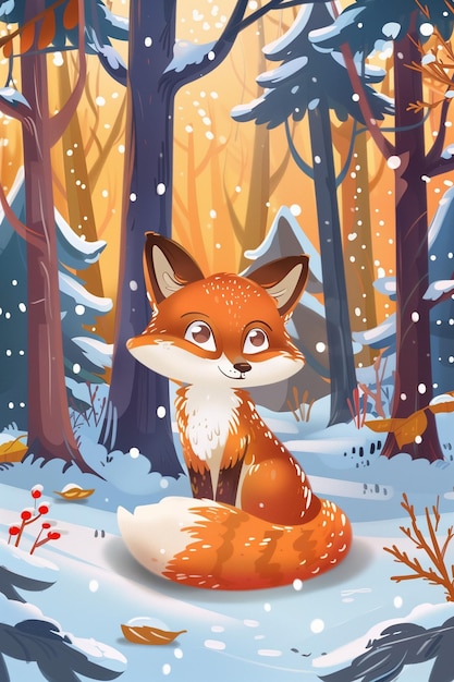 Un mignon renard de dessin animé dans la forêt d'hiver