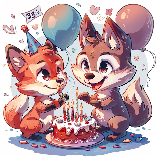 Un mignon renard et un loup fêtent leur anniversaire.