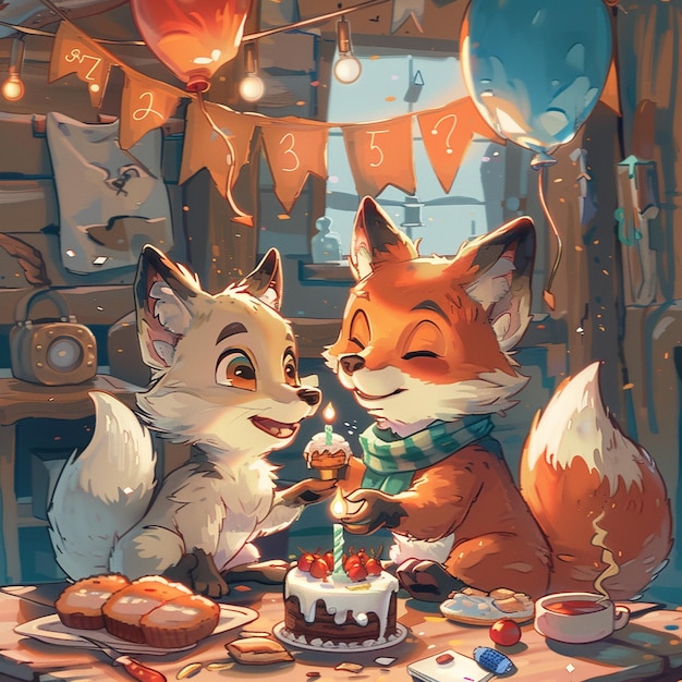 Un mignon renard et un loup fêtent leur anniversaire.