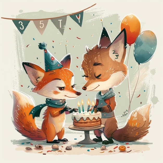 Un mignon renard et un loup fêtent leur anniversaire.