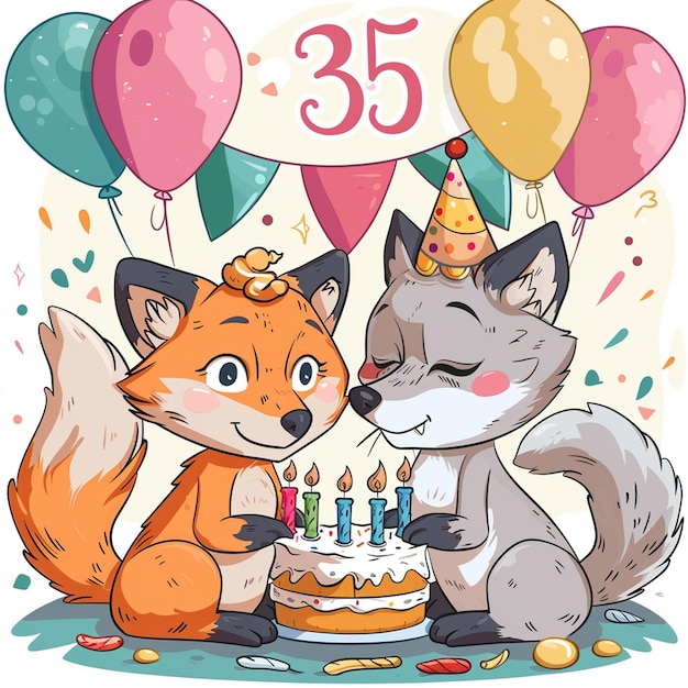 Un mignon renard et un loup fêtent leur anniversaire.