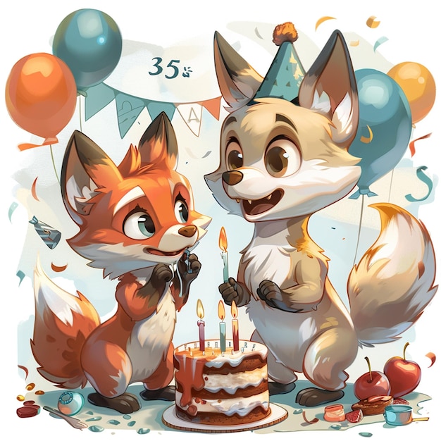 Un mignon renard et un loup fêtent leur anniversaire.