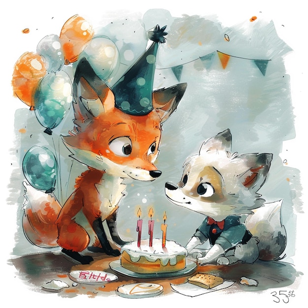 Un mignon renard et un loup fêtent leur anniversaire.