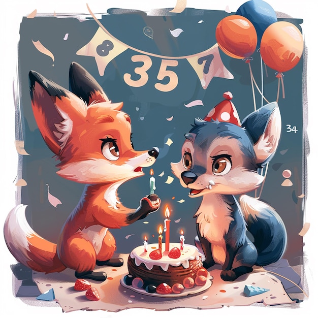Un mignon renard et un loup fêtent leur anniversaire.