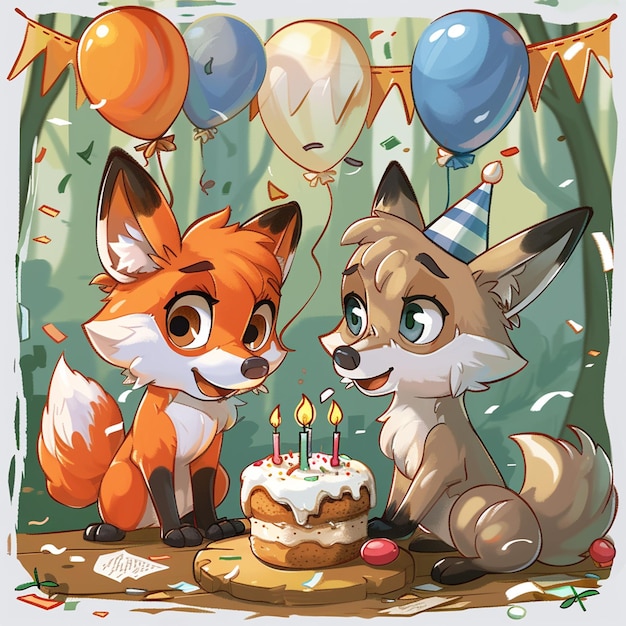 Un mignon renard et un loup fêtent leur anniversaire.