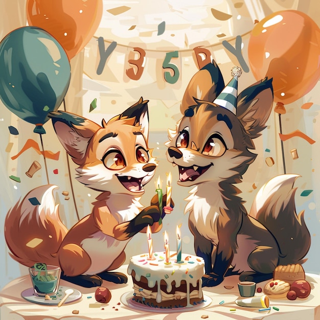 Un mignon renard et un loup fêtent leur anniversaire.