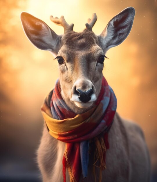 un mignon renne avec un foulard sur un fond orange, portrait créé par la technologie d'intelligence artificielle générative