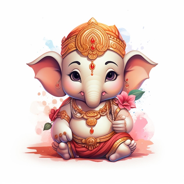 Un mignon Seigneur Ganpati avec des fleurs sur un fond blanc