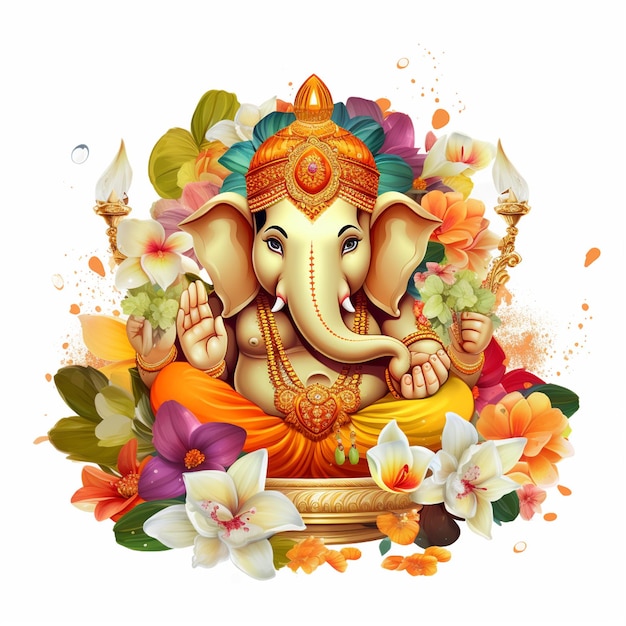 Un mignon Seigneur Ganpati avec des fleurs sur un fond blanc