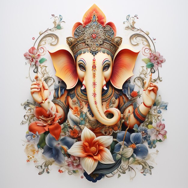 Un mignon Seigneur Ganpati avec des fleurs sur un fond blanc