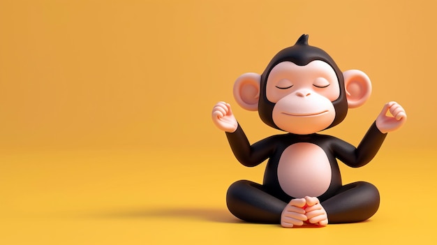 Photo un mignon singe 3d assis dans une posture de yoga méditative avec les yeux fermés sur un fond vibrant copie de l'espace