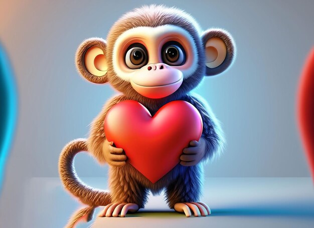 Un mignon singe moelleux en 3D tenant un cœur rouge dans la main