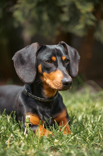 Un mignon teckel dans un jardin de printemps luxuriant