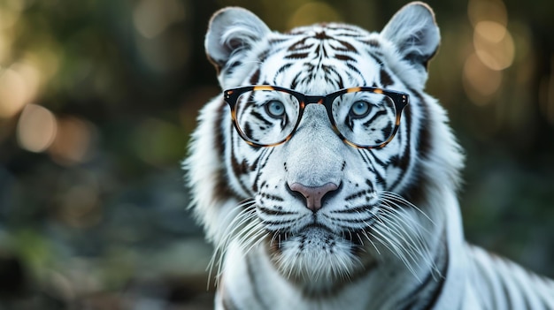 Un mignon tigre blanc en gros plan avec des lunettes Un gros plan d'une grosse tête de tigre blanc