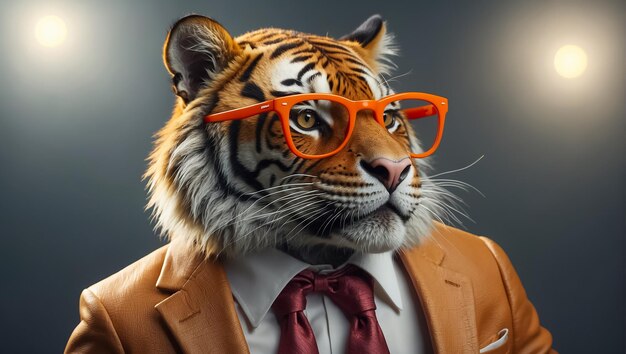 Un mignon tigre portant des lunettes et un costume d'affaires