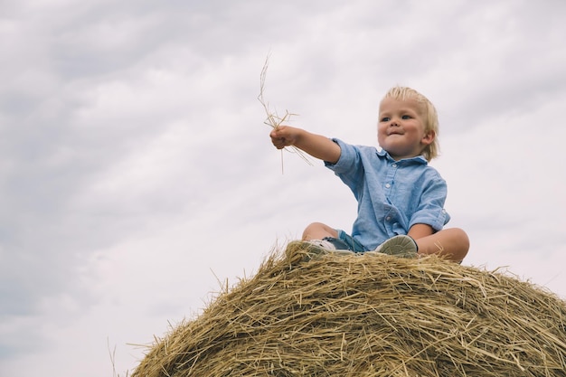 Photo un mignon tout-petit assis sur des tas de foin dans un champ de blé.