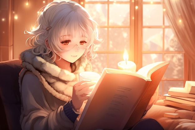 Mignonne une beauté Anime femme ou fille lisant le livre Concept de temps de détente AI généré