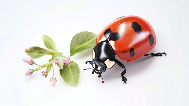 Une mignonne coccinelle est assise sur une feuille verte La coccinelle a un dos rouge avec des taches noires La feuille a une couleur vert clair