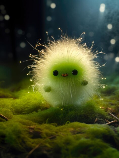 Photo une mignonne créature de fantaisie poilue en gros plan dans une forêt de fantaisie