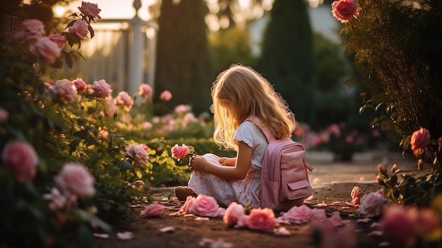 Une mignonne fille de 5 ans en robe rose assise dans le jardin.