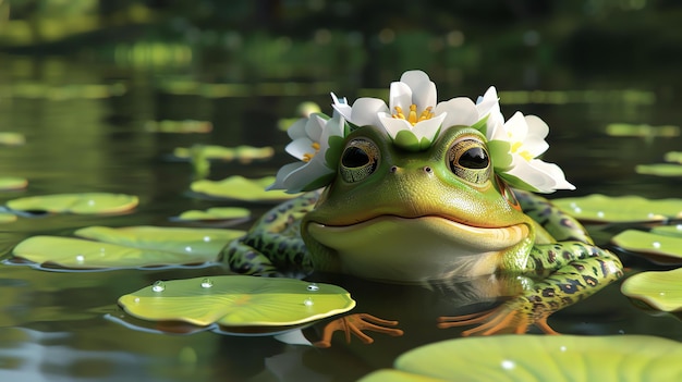 Photo une mignonne grenouille verte portant une couronne de fleurs blanches est assise sur un lily pad dans un étang la grenouille sourit et regarde la caméra