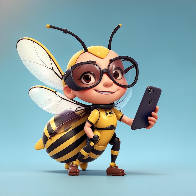 Photo une mignonne guêpe avec des lunettes de soleil et un smartphone