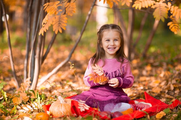 Mignonne petite fille dans le parc automne avec des feuilles de couleur orange et citrouille jaune.