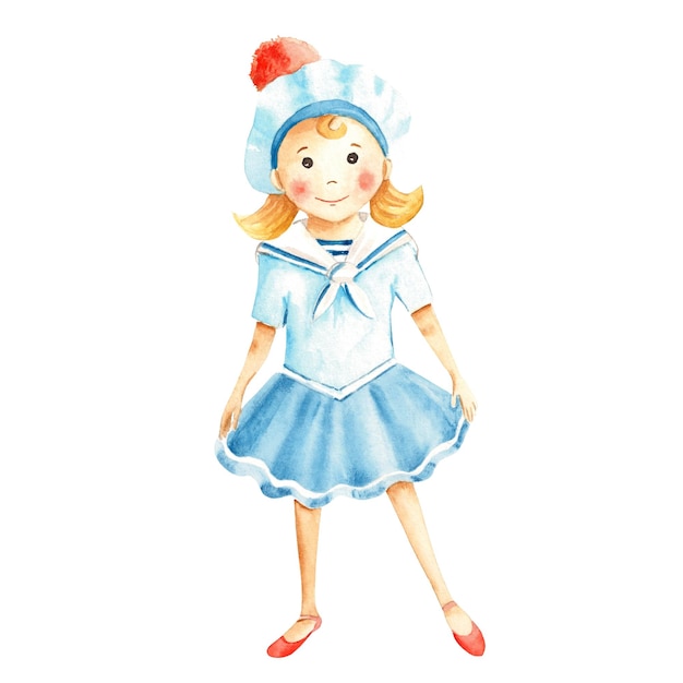 Mignonne petite fille de marin dans une robe marine Illustration nautique aquarelle pour enfants Peint à la main sur fond blanc Pour les impressions de t-shirts pour enfants design de mode cartes de vêtements pour bébés affiches