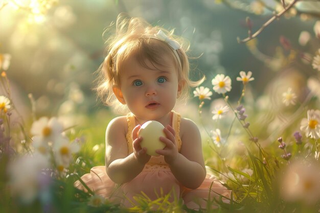 Une mignonne petite fille avec un œuf de Pâques et des fleurs dans le jardin à l'arrière-plan des fleurs Bonne carte de Pâque